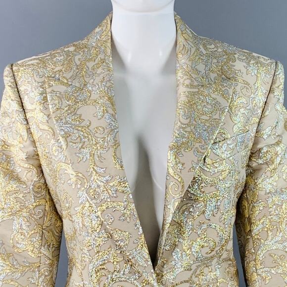 2 Metallic Gold Silver Polyamide Blend Jacquard Peak Lapel Pantsuit - Picture 2 of 16